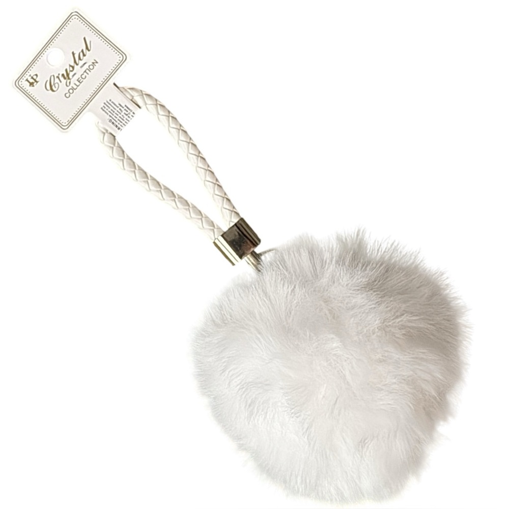 White Fur Pom Pom Keychain Braided Strap Pastel NWT 3/$15✨